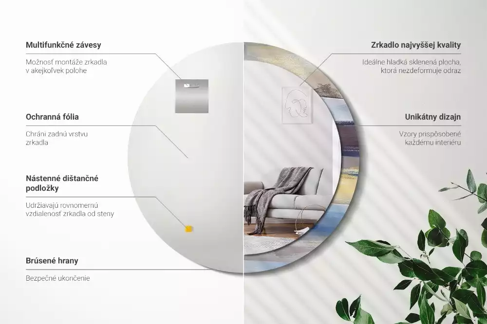 Lustro z ramą z nadrukiem z abstrakcyjnym motywem w wersji okrągłej