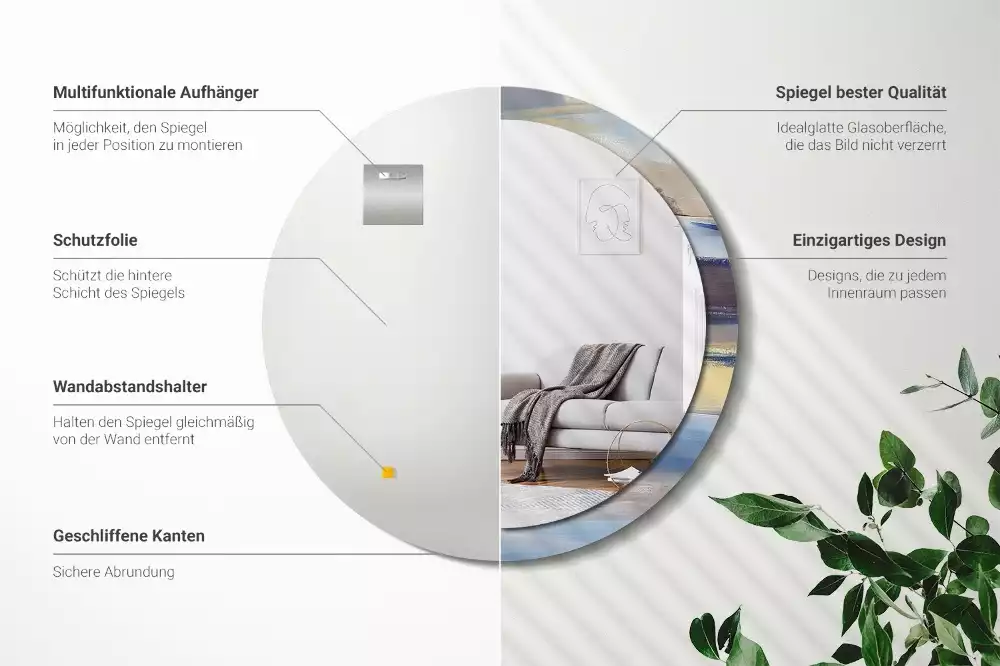 Lustro z ramą z nadrukiem z abstrakcyjnym motywem w wersji okrągłej