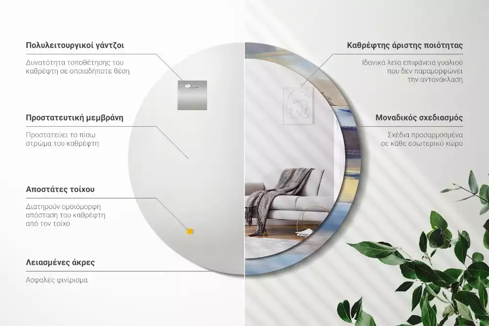 Lustro z ramą z nadrukiem z abstrakcyjnym motywem w wersji okrągłej