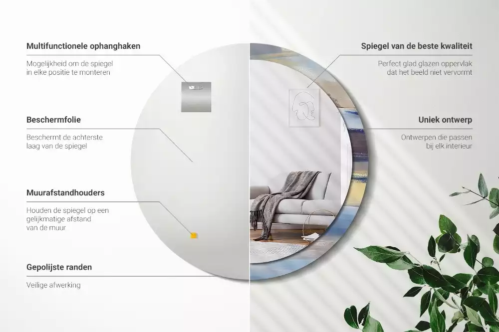 Lustro z ramą z nadrukiem z abstrakcyjnym motywem w wersji okrągłej