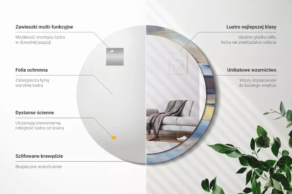 Lustro z ramą z nadrukiem z abstrakcyjnym motywem w wersji okrągłej