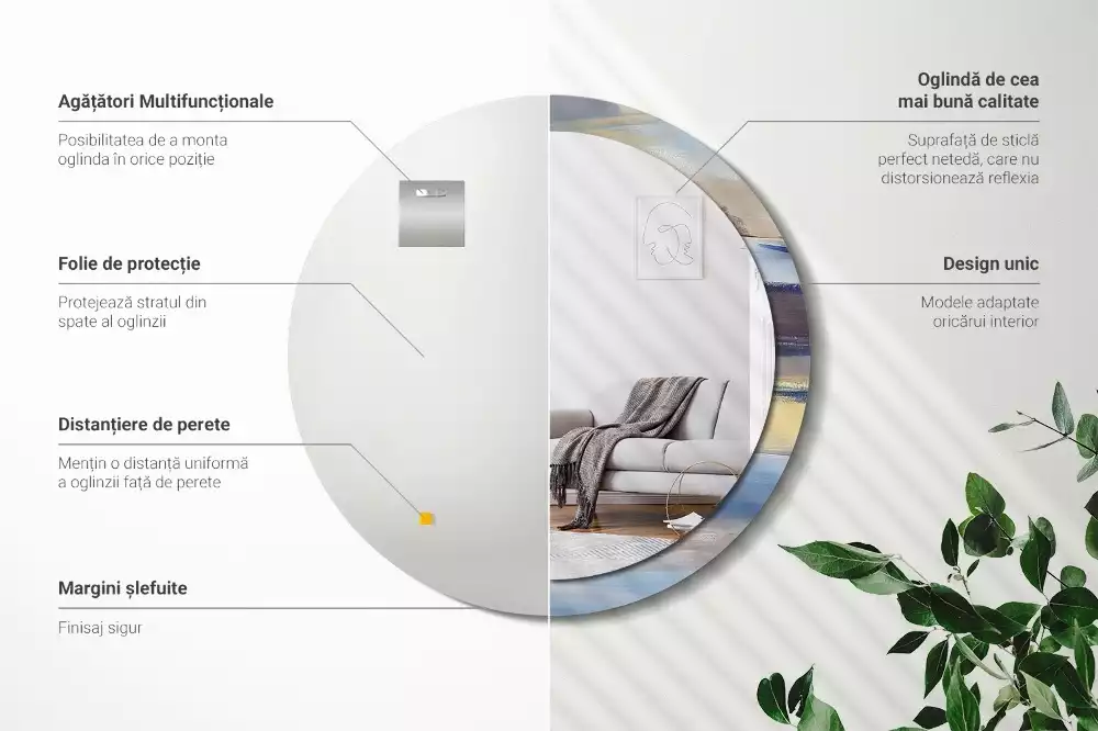 Lustro z ramą z nadrukiem z abstrakcyjnym motywem w wersji okrągłej