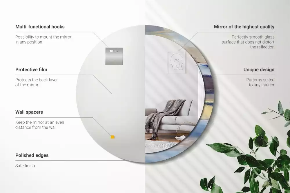 Lustro z ramą z nadrukiem z abstrakcyjnym motywem w wersji okrągłej