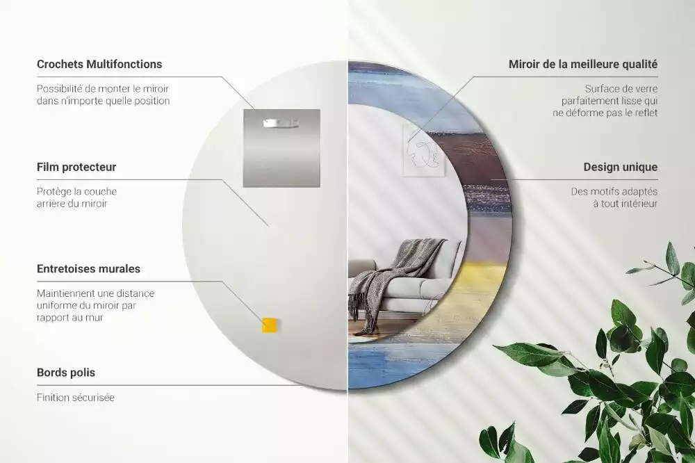 Lustro z ramą z nadrukiem z abstrakcyjnym motywem w wersji okrągłej