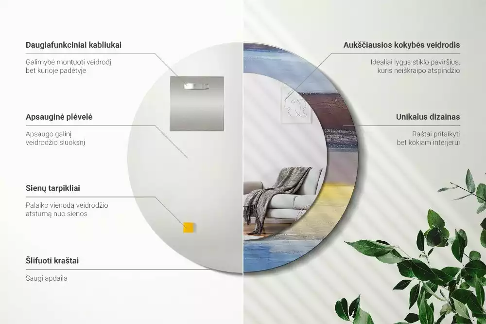 Lustro z ramą z nadrukiem z abstrakcyjnym motywem w wersji okrągłej