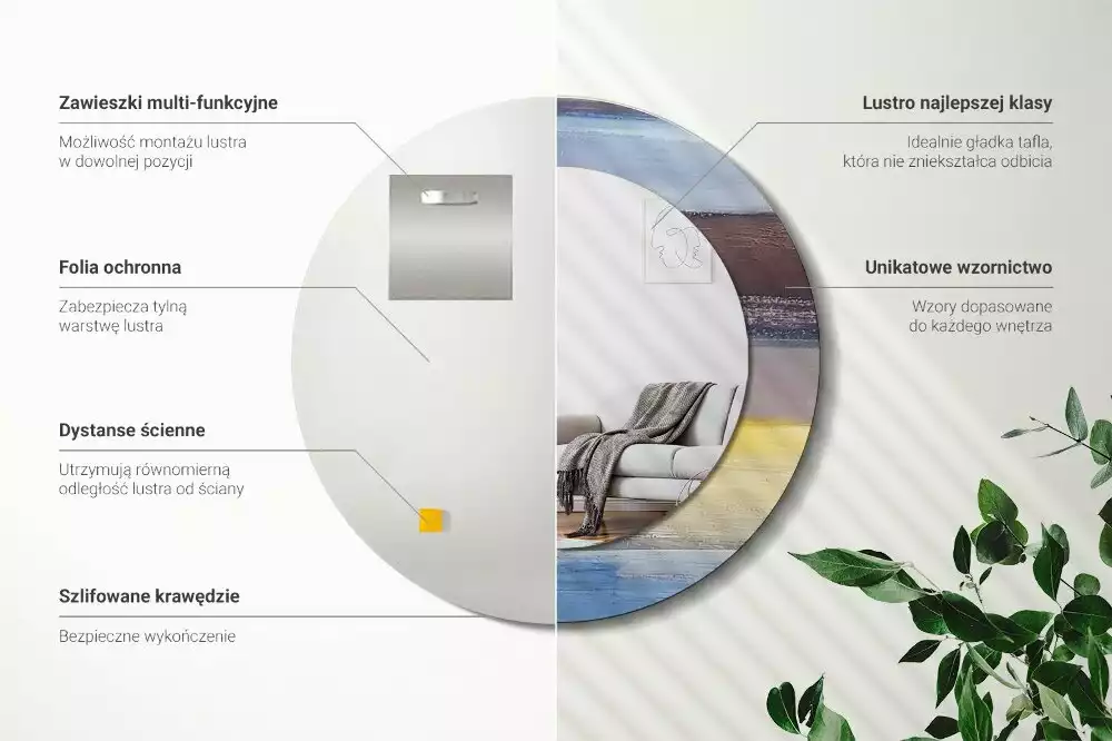 Lustro z ramą z nadrukiem z abstrakcyjnym motywem w wersji okrągłej