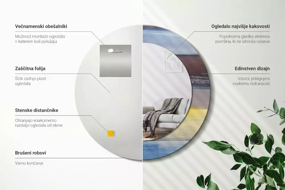 Lustro z ramą z nadrukiem z abstrakcyjnym motywem w wersji okrągłej