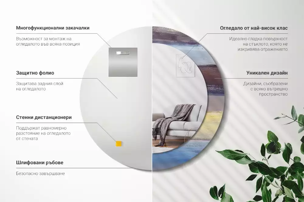 Lustro z ramą z nadrukiem z abstrakcyjnym motywem w wersji okrągłej