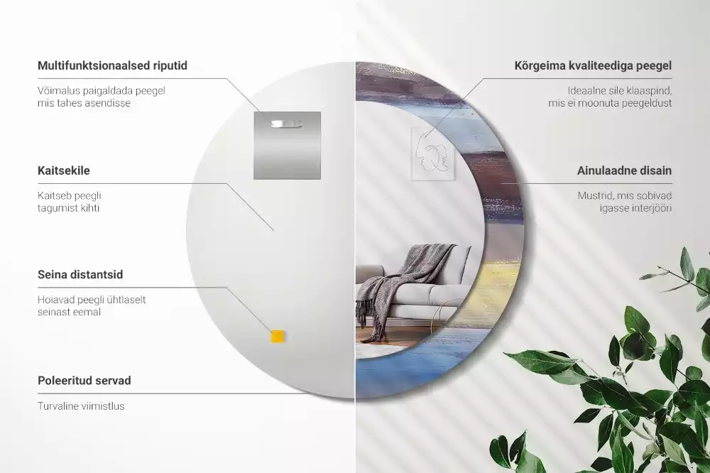 Lustro z ramą z nadrukiem z abstrakcyjnym motywem w wersji okrągłej