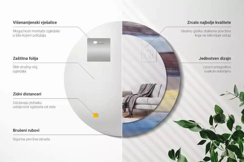 Lustro z ramą z nadrukiem z abstrakcyjnym motywem w wersji okrągłej