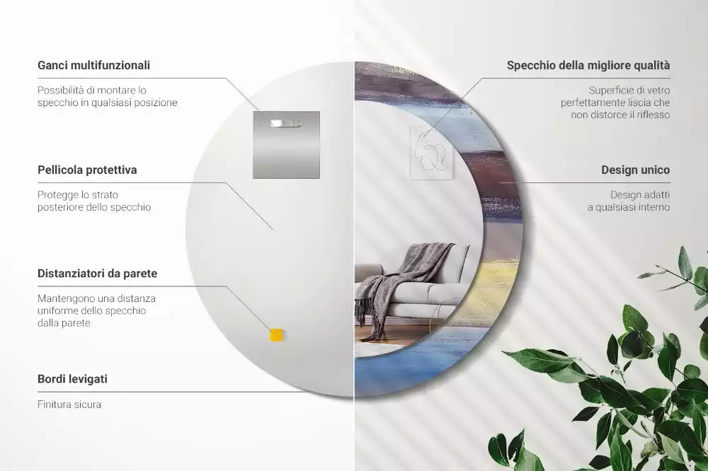 Lustro z ramą z nadrukiem z abstrakcyjnym motywem w wersji okrągłej