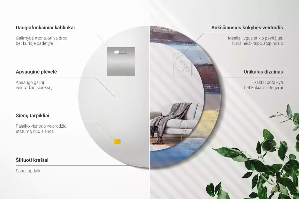 Lustro z ramą z nadrukiem z abstrakcyjnym motywem w wersji okrągłej