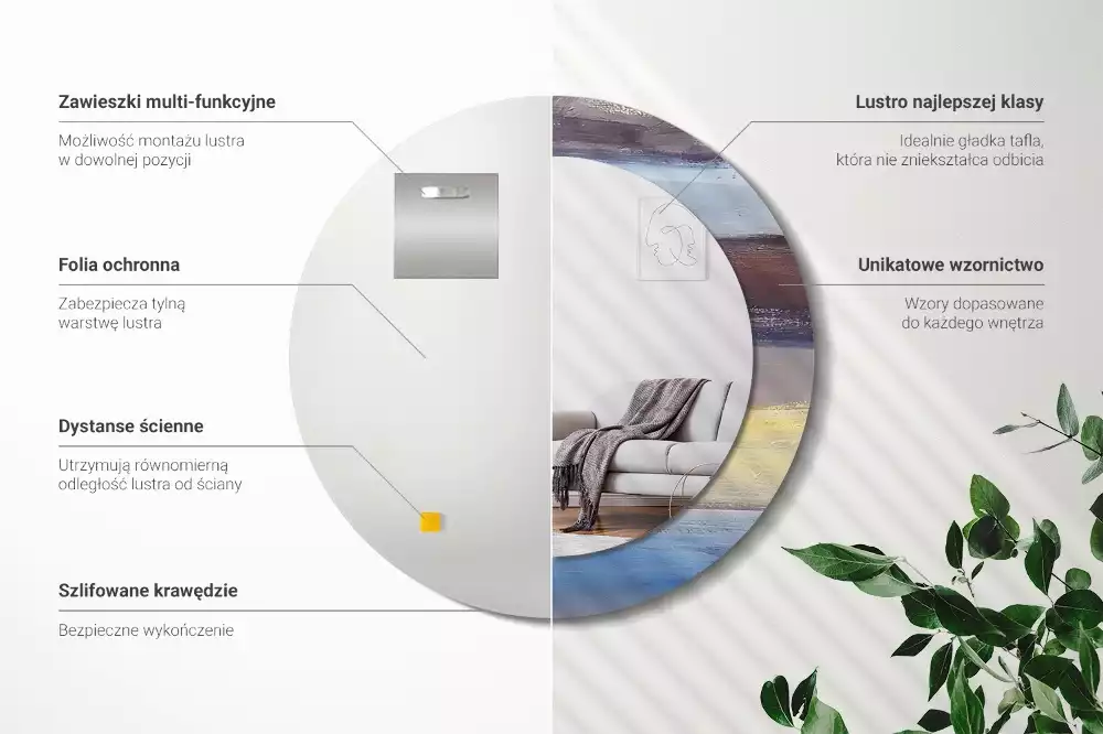 Lustro z ramą z nadrukiem z abstrakcyjnym motywem w wersji okrągłej