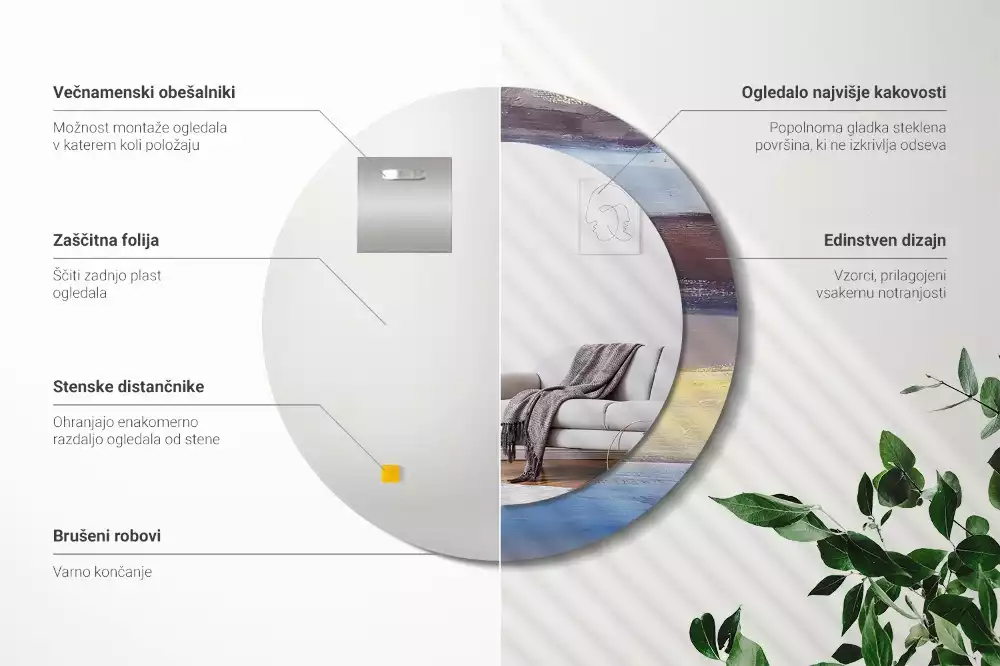 Lustro z ramą z nadrukiem z abstrakcyjnym motywem w wersji okrągłej