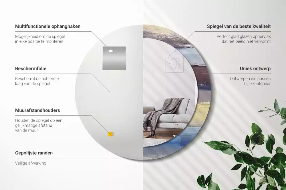 Lustro z ramą z nadrukiem z abstrakcyjnym motywem w wersji okrągłej