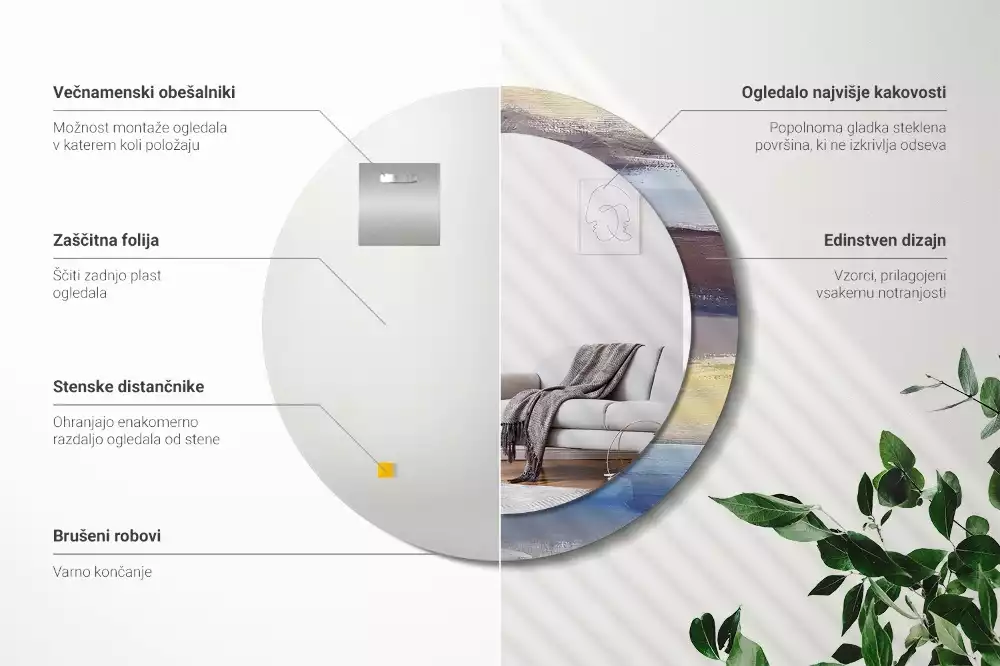 Lustro z ramą z nadrukiem z abstrakcyjnym motywem w wersji okrągłej