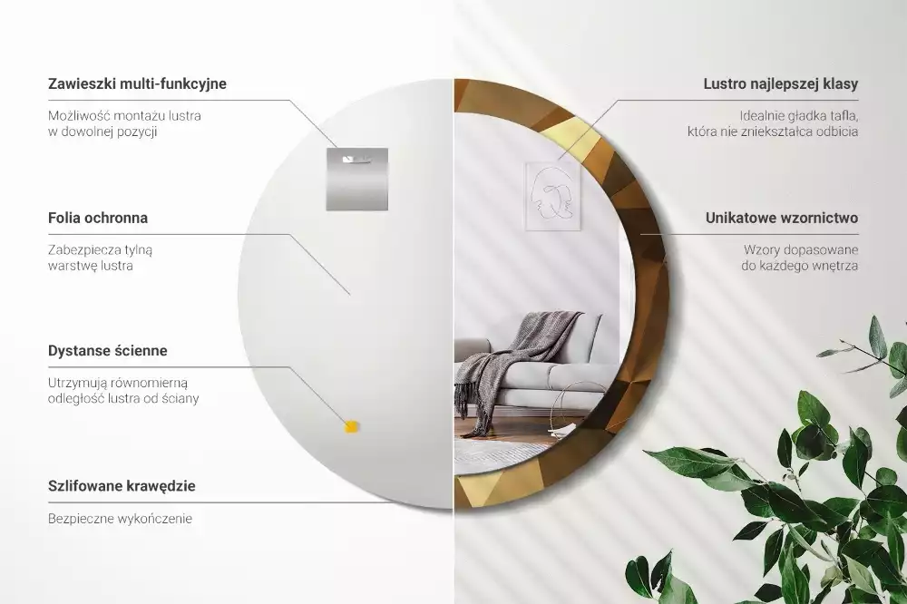 Lustro z drukowaną ramką o geometrycznym wzorze