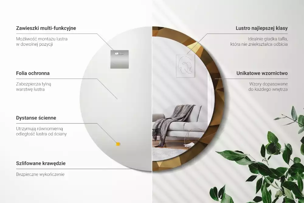 Lustro z drukowaną ramką o geometrycznym wzorze