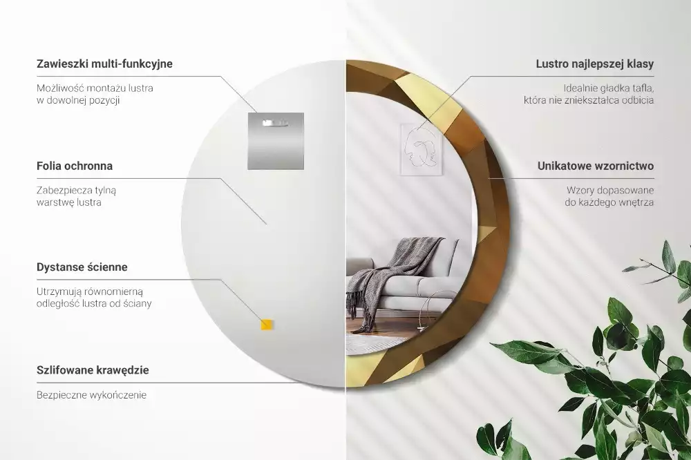 Lustro z drukowaną ramką o geometrycznym wzorze