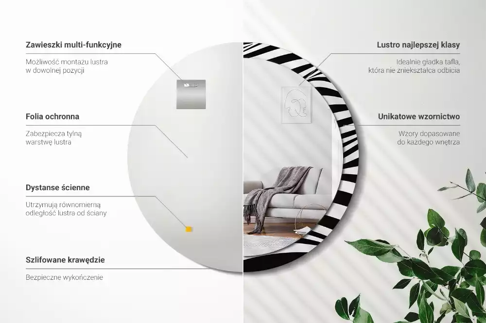 Lustro ścienne dekoracyjne w kształcie okrągłej tafli z motywem abstrakcyjnej fali