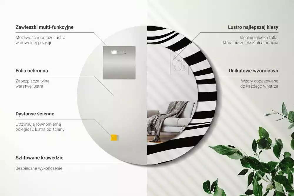 Lustro ścienne dekoracyjne w kształcie okrągłej tafli z motywem abstrakcyjnej fali