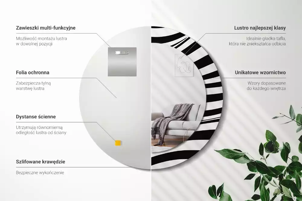 Lustro ścienne dekoracyjne w kształcie okrągłej tafli z motywem abstrakcyjnej fali