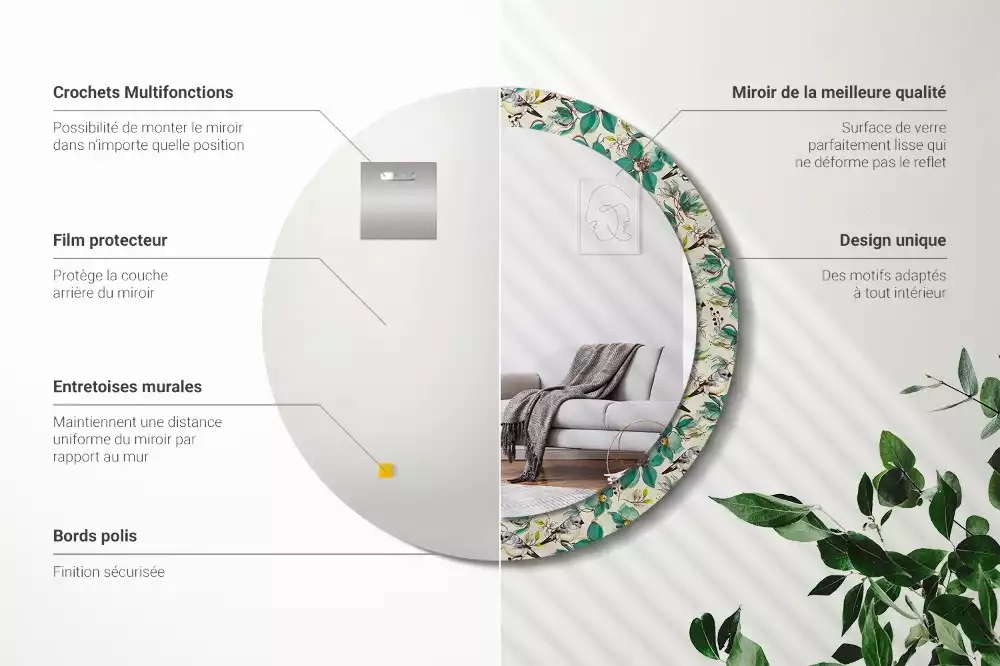 Lustro z drukowaną ramką w motywie kwiatów i ptaków