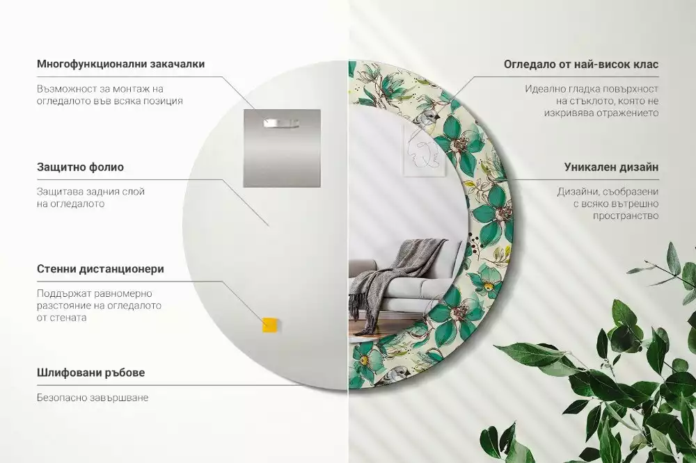 Lustro z drukowaną ramką w motywie kwiatów i ptaków