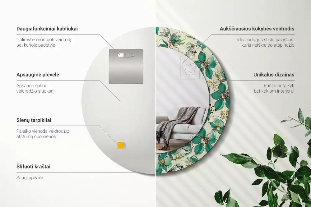 Lustro z drukowaną ramką w motywie kwiatów i ptaków