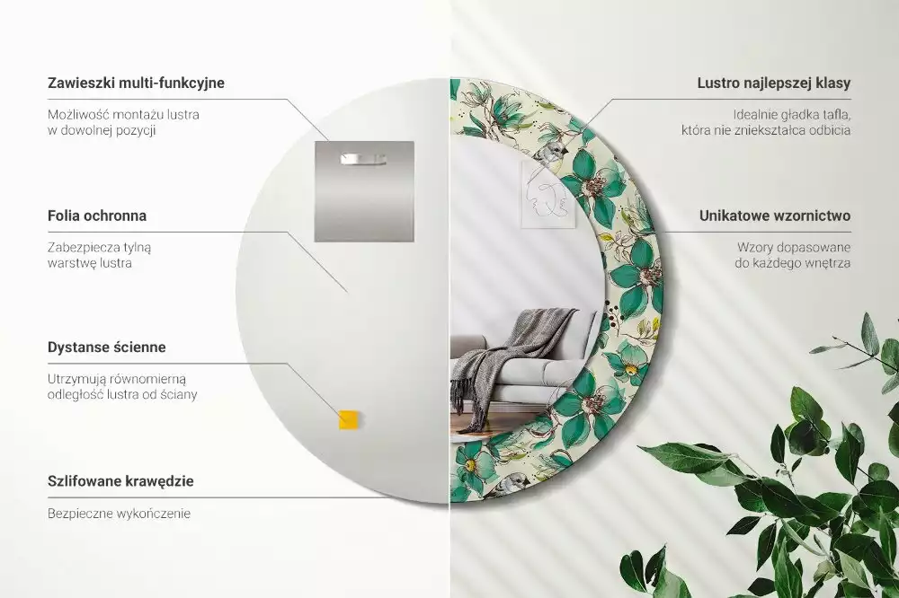 Lustro z drukowaną ramką w motywie kwiatów i ptaków