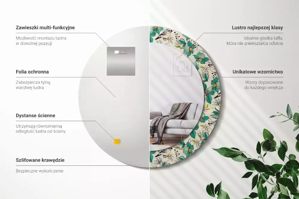 Lustro z drukowaną ramką w motywie kwiatów i ptaków