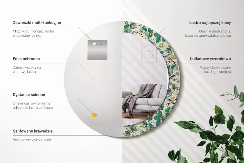 Lustro z drukowaną ramką w motywie kwiatów i ptaków