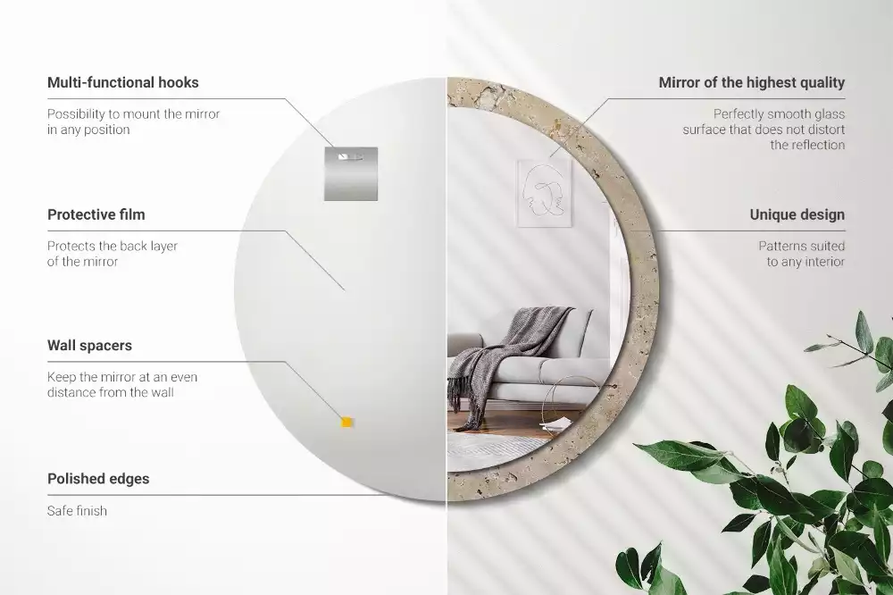 Lustro z drukowaną ramką o okrągłym kształcie w imitacji kamienia