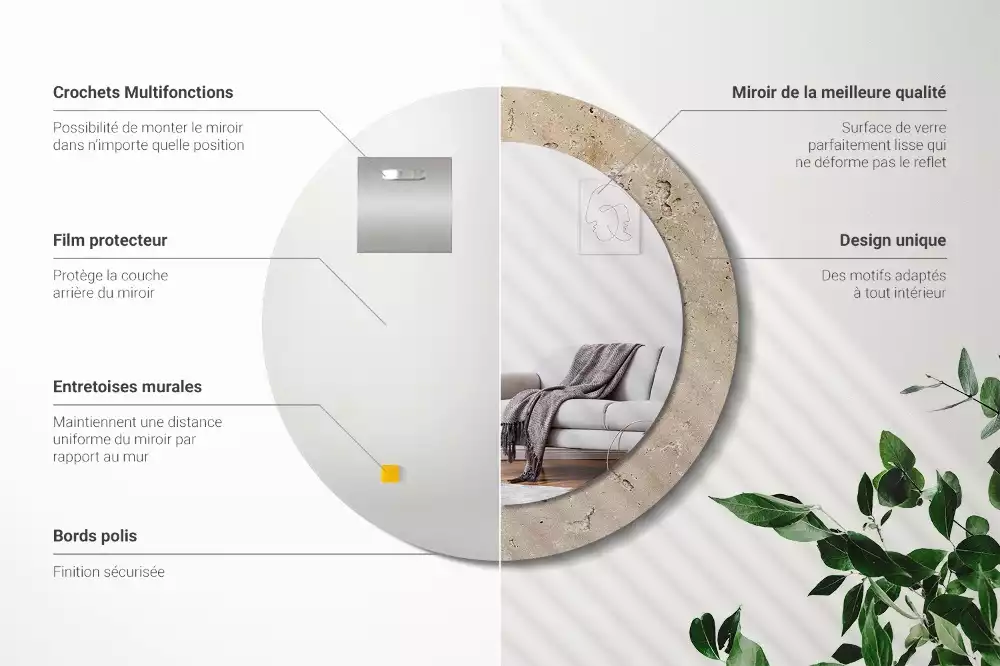 Lustro z drukowaną ramką o okrągłym kształcie w imitacji kamienia