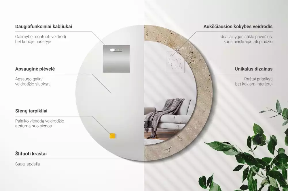 Lustro z drukowaną ramką o okrągłym kształcie w imitacji kamienia