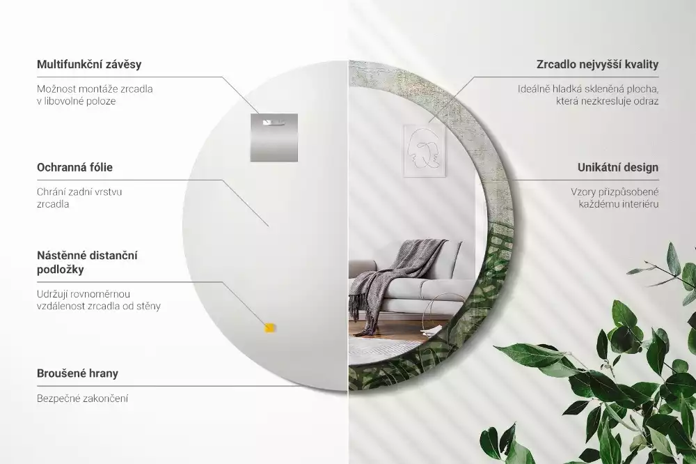 Lustro z drukowaną ramką o motywie liści paproci