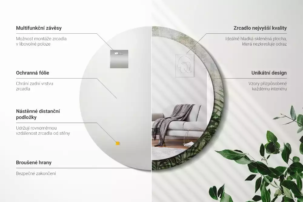 Lustro z drukowaną ramką o motywie liści paproci