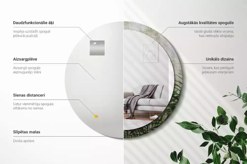 Lustro z drukowaną ramką o motywie liści paproci