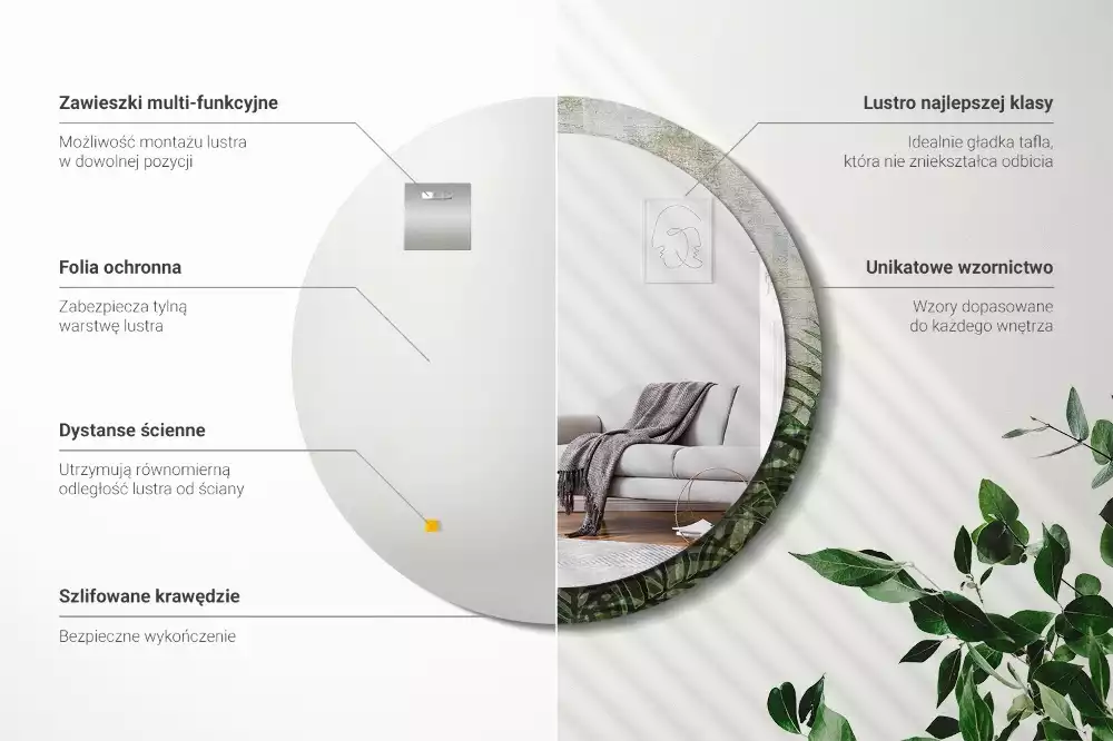 Lustro z drukowaną ramką o motywie liści paproci