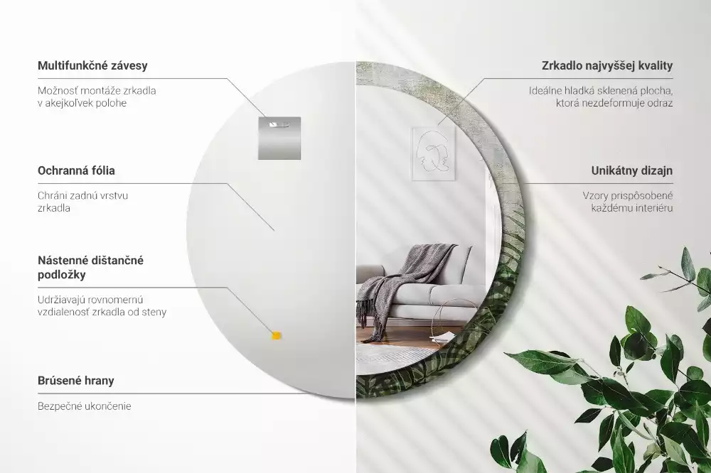 Lustro z drukowaną ramką o motywie liści paproci