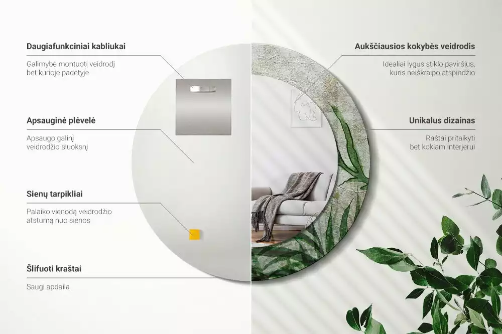 Lustro z drukowaną ramką o motywie liści paproci