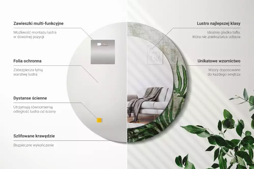 Lustro z drukowaną ramką o motywie liści paproci