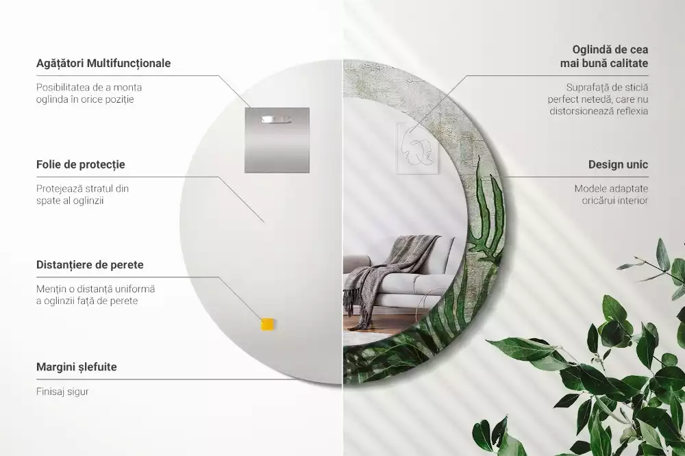 Lustro z drukowaną ramką o motywie liści paproci