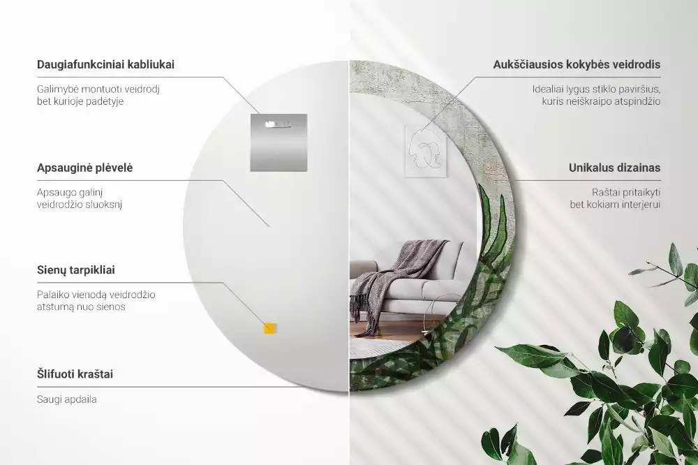 Lustro z drukowaną ramką o motywie liści paproci