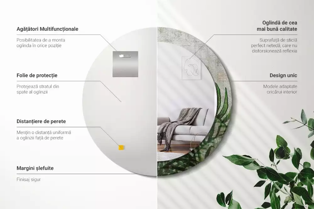 Lustro z drukowaną ramką o motywie liści paproci