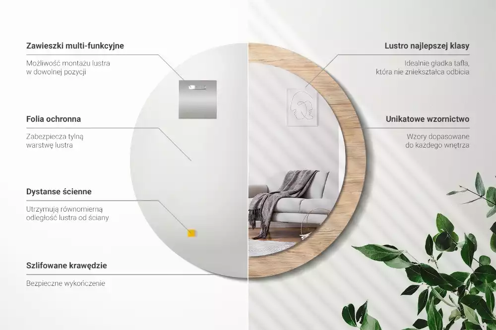 Lustro ścienne dekoracyjne w drewnianej ramie o okrągłym kształcie