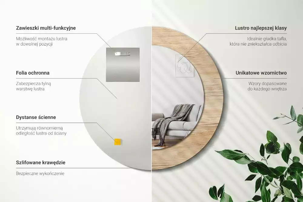 Lustro ścienne dekoracyjne w drewnianej ramie o okrągłym kształcie