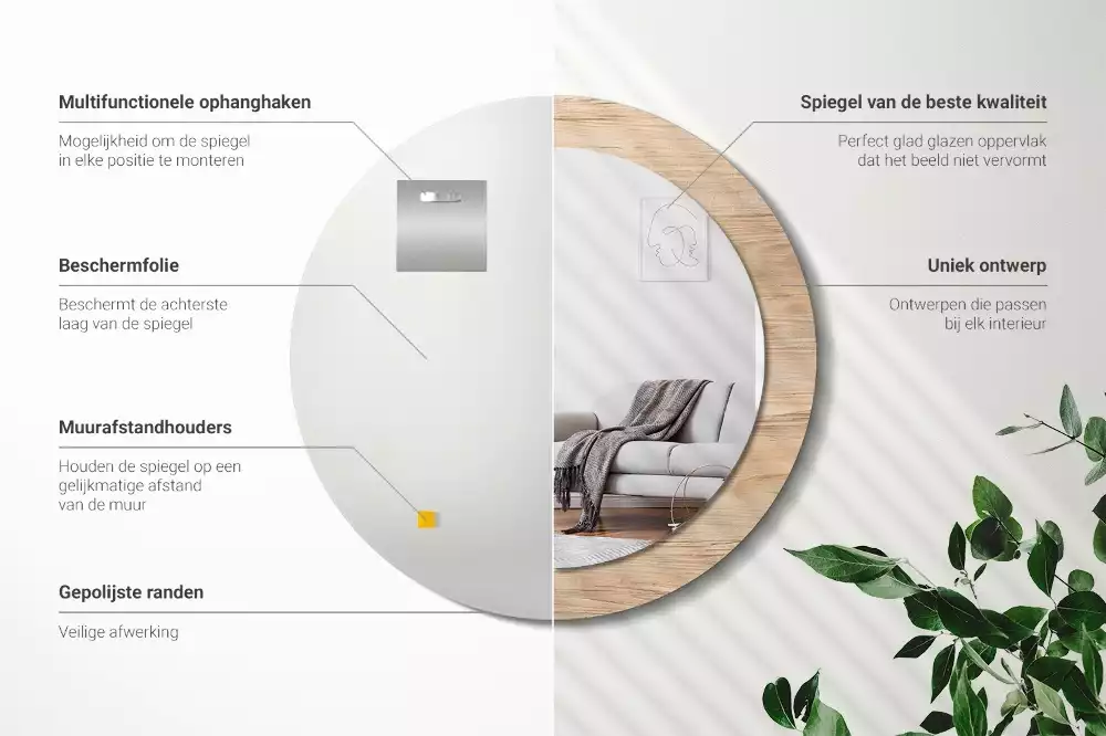 Lustro ścienne dekoracyjne w drewnianej ramie o okrągłym kształcie