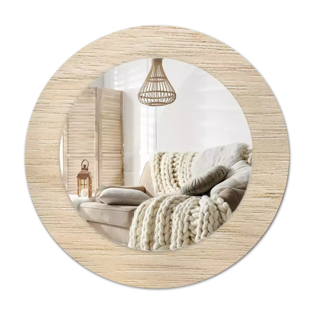 Lustro okrągłe z drukowaną ramką w kolorze jasnego drewna