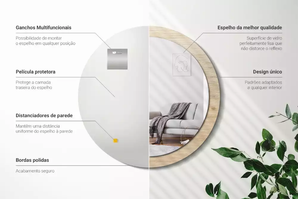 Lustro okrągłe z drukowaną ramką w kolorze jasnego drewna